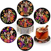 Dageusi Colorful Day of the Dead Absorbent Ceramic Stone Coasters with Holder - Set of 6 Mexican Folk Art Sugar Skull Decor