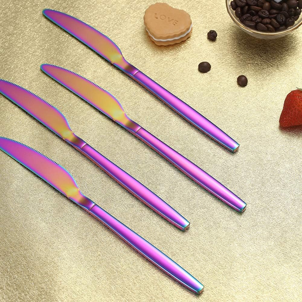  | Rainbow Dinner Knives 4 Pieces, Homquen Sturdy 9" Stainless Steel Modern Design Knife, Colorful Titanium Plating Knifes Set With Round Edge Dishwasher Safe: Flatware Sets