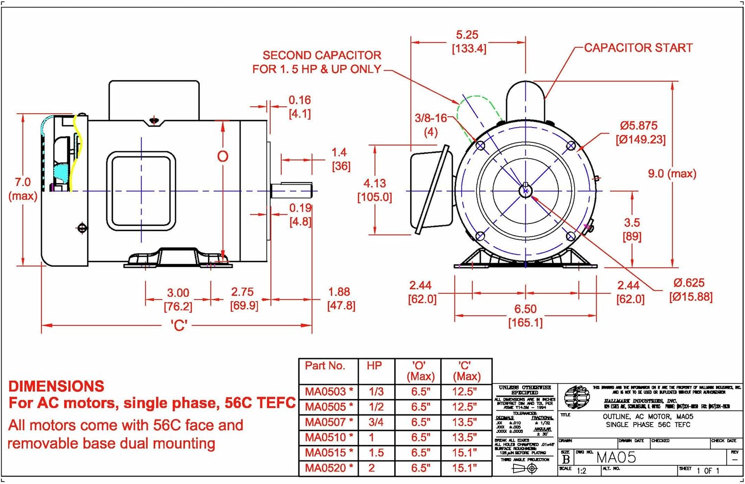 Hallmark Industries AC Motor, (1 HP, 1725RPM, 1 phase, 115/230V) - - 