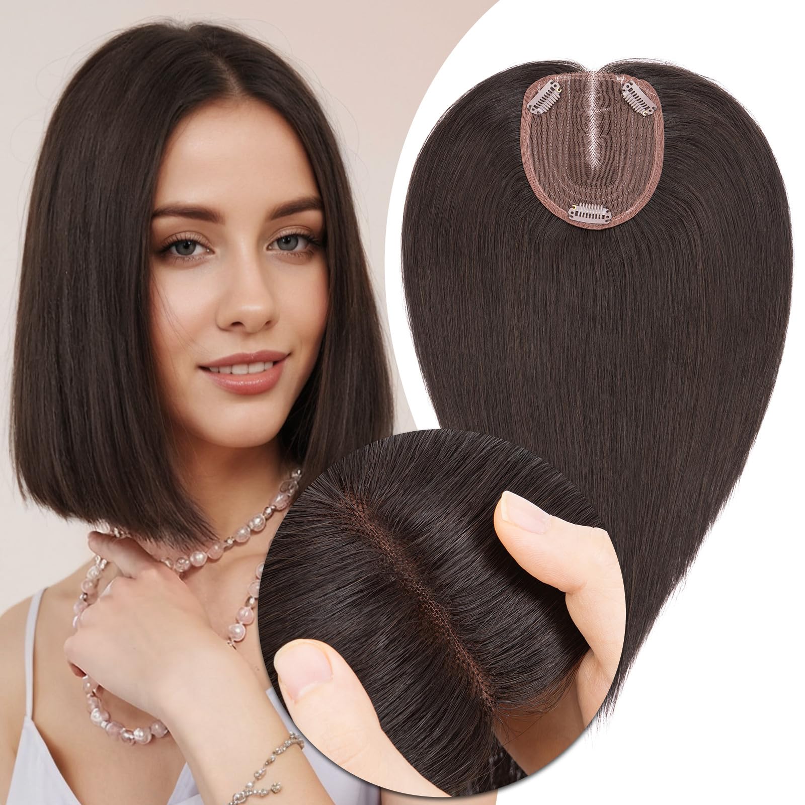 Photo 1 of MY-LADY Human Hair Toppers for Women Real Human Hair for Thinning Hair 10 * 12CM Lace Base Hair Pieces No Bangs Clip in Remy Hairpieces Hand-Tied 12 Inch Natural Black
