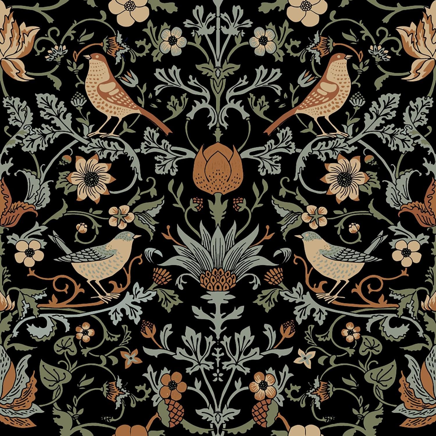 Photo 1 of FunStick 17.5"x354" Floral Peel and Stick Wallpaper Vintage Dark Green Black Leaf Bird Flower Wallpaper Removable Floral Contact Paper Self Adhesive Wallpapers for Bedroom Bathroom Wall Decor Cabinets