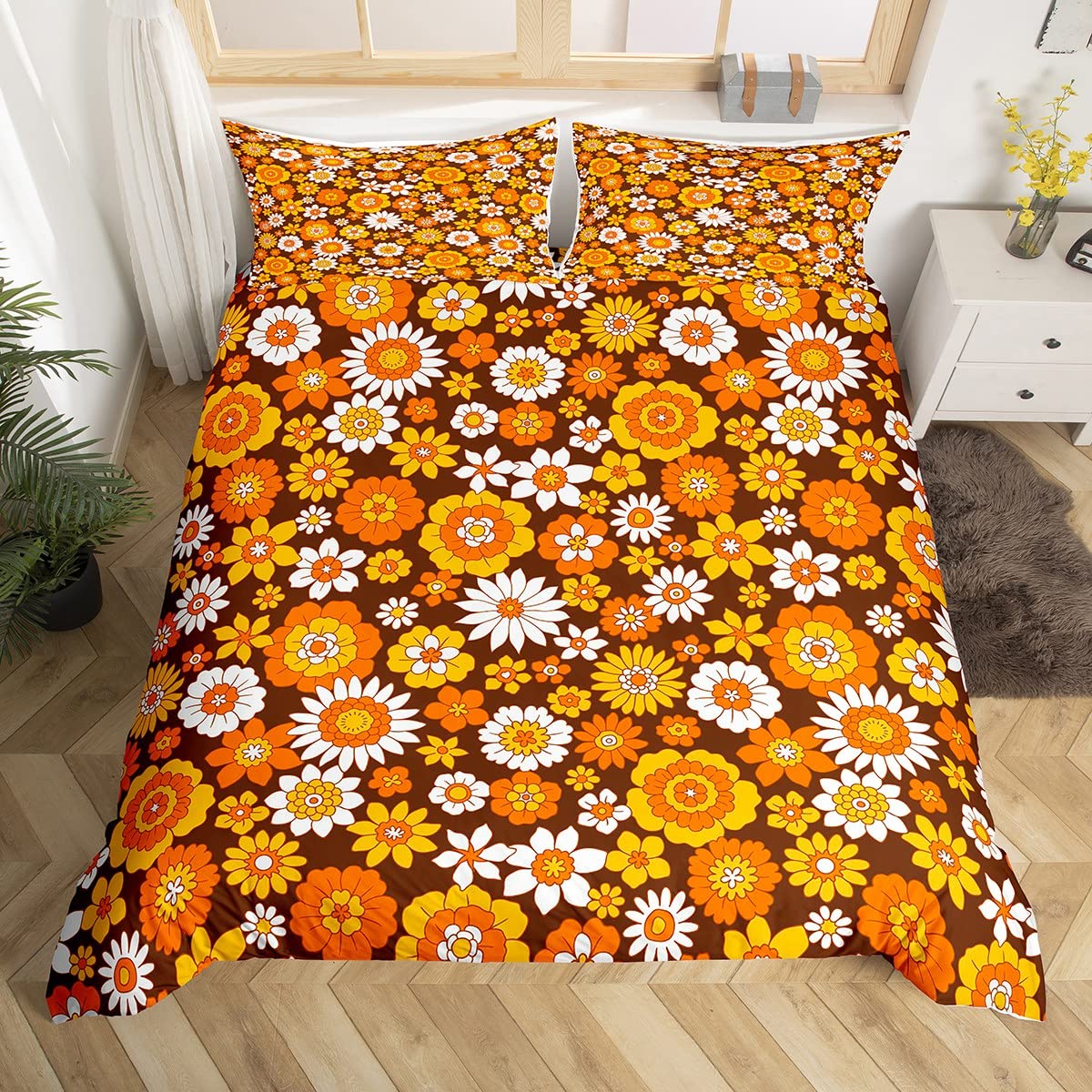 60S 70S Groovy Duvet Cover Kids Retro Hippie Flower Bedding Set Vintage Boho Plant Floral Comforter Cover for Boys Girls Teens Botanical Blossom Brown Bedding King Size