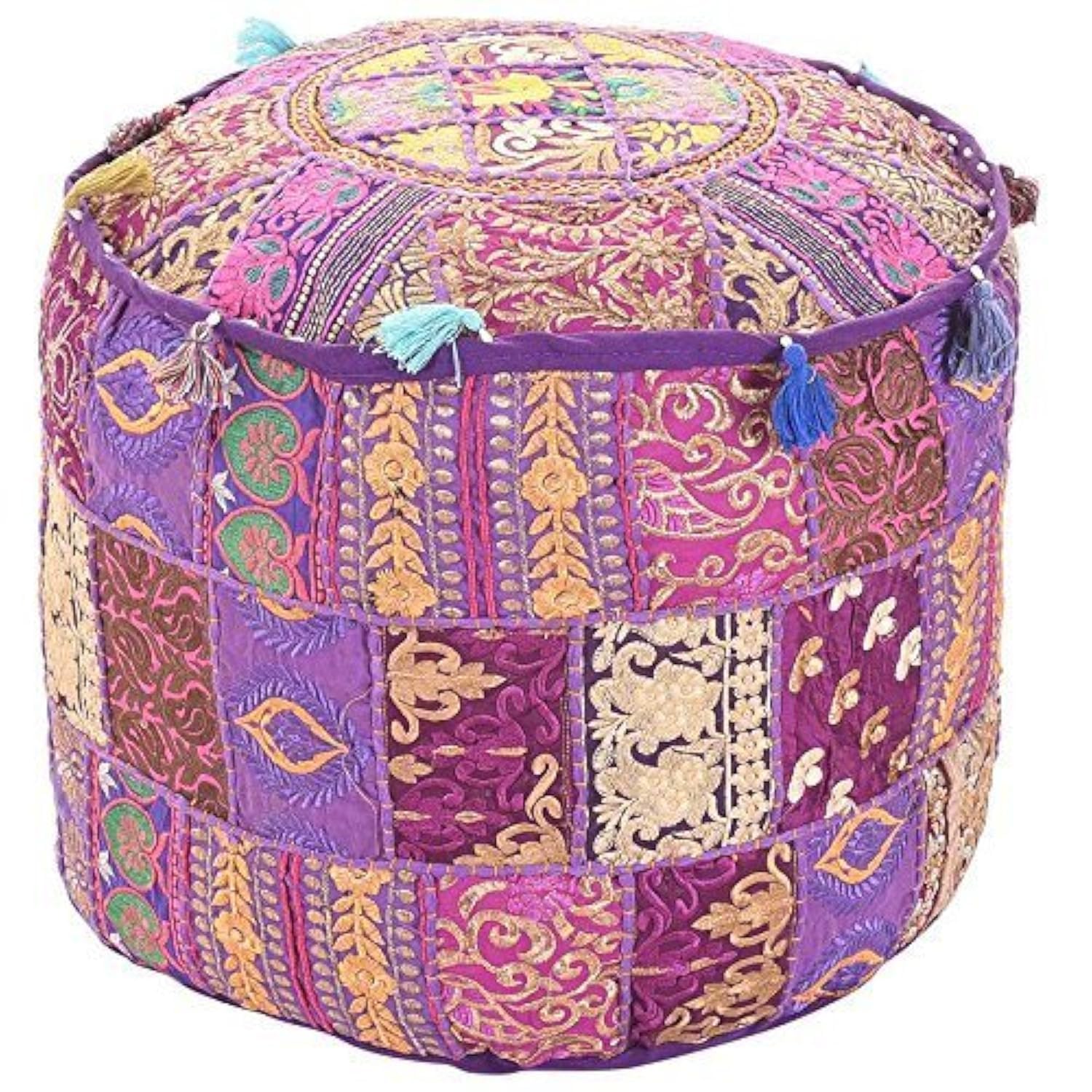 Radhykrishnafashions Vintage Embroidered Pouf Ottoman Footstool Cover Indian Round Ottoman Stool Pouf Pillow, Ethnic Embroidered Pouf Cover, Pouffe Ottoman Pouf Cover Pillow Ethnic Decor Art (Purple)