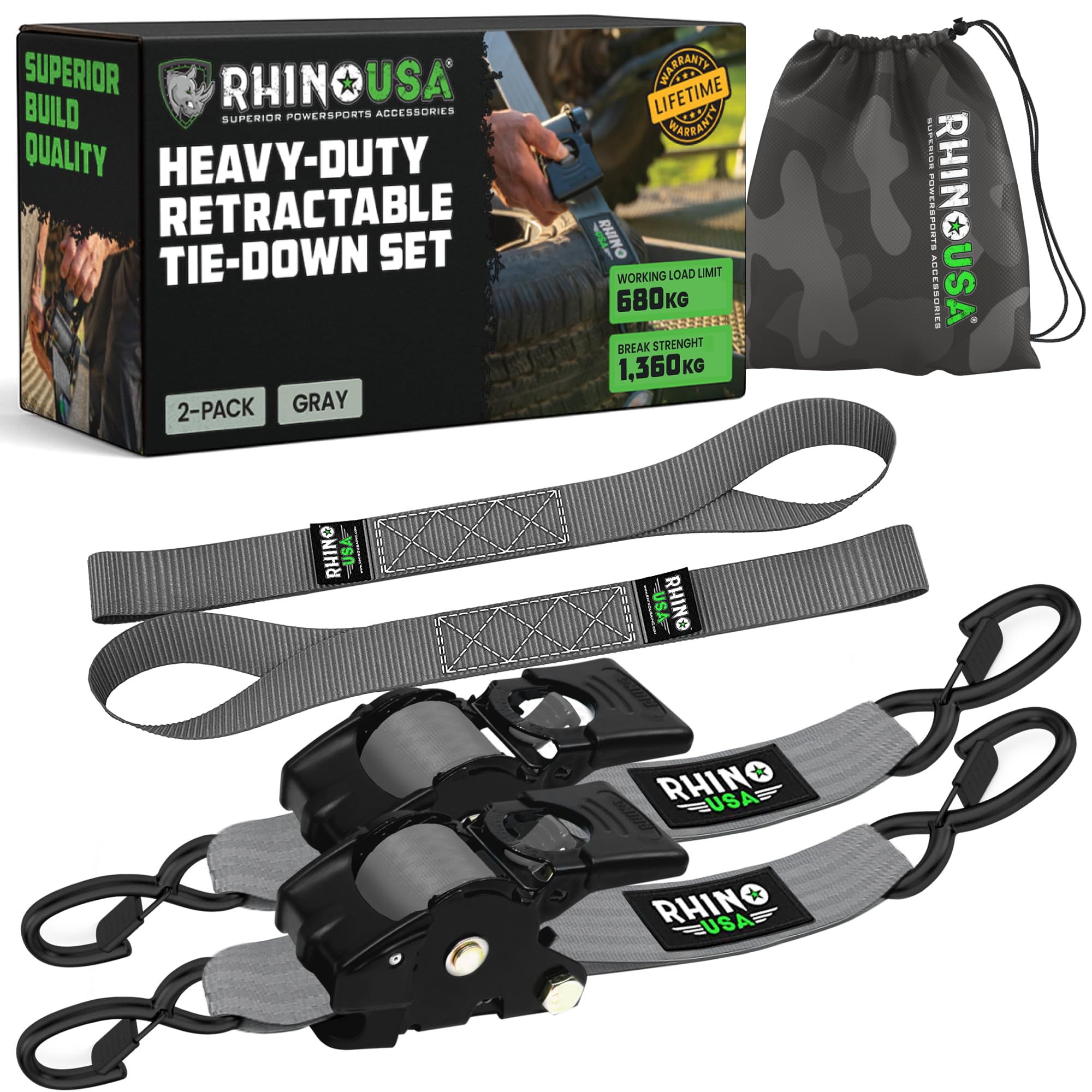 Rhino USA Retractable Ratchet Straps (2-Pack) - 5cm x 3m (1,360kg Break Strength) - Heavy Duty Auto Self-Retracting Tie Down Straps for Truck, Cargo Trailer, Motorcycle, Bike & More - Grey — image 1
