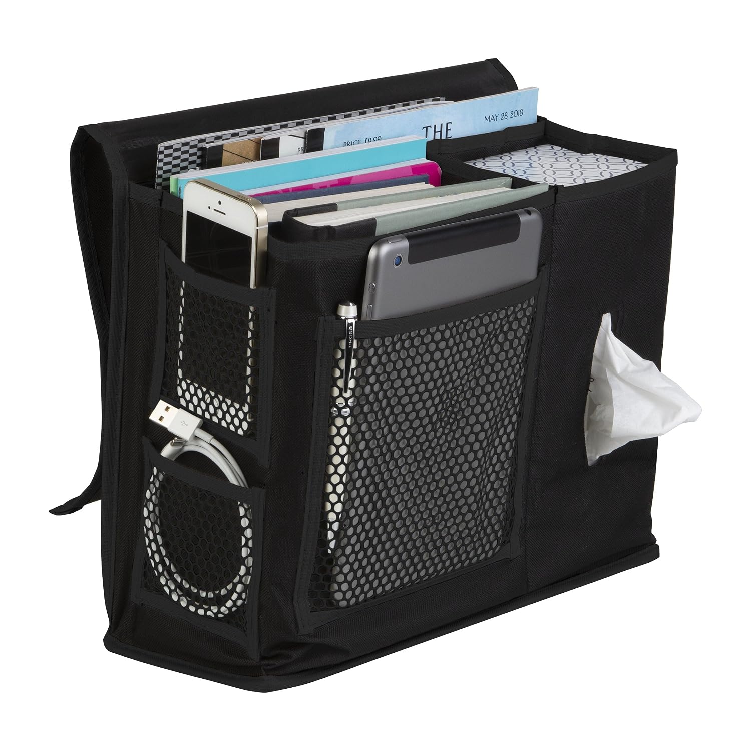 Richards Homewares Grey Gearbox 6 Pocket Bedside Storage Mattress Book Remote
