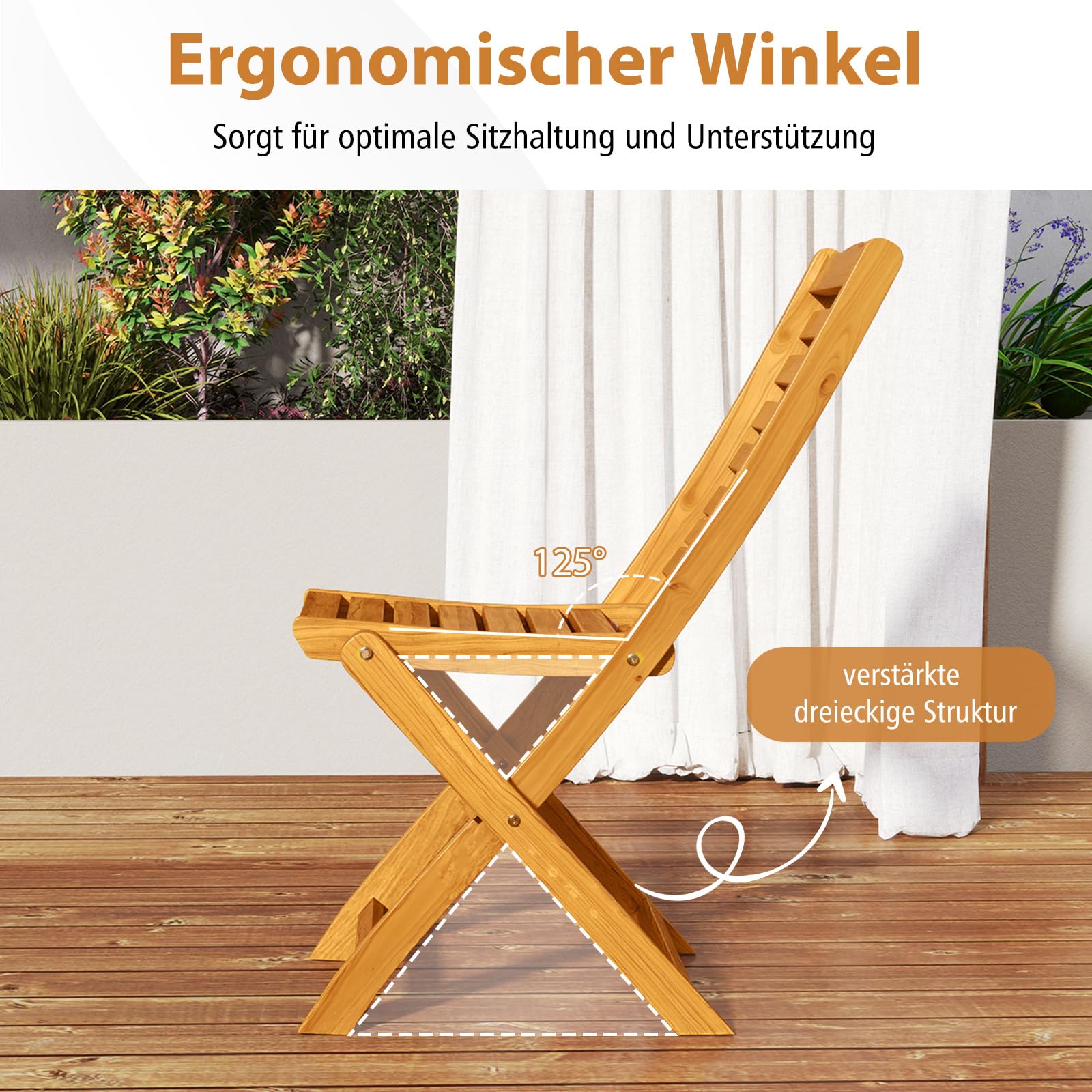COSTWAY 3tlg. Balkonmöbel Set, Bistrotisch mit 2 Stühlen, klappbares Balkonset aus Akazienholz mit 2 Kissen, Bistroset, Gartengarnitur, Gartenmöbel, Sitzgarnitur, Sitzgruppe für Garten, Balkon (Beige) 6