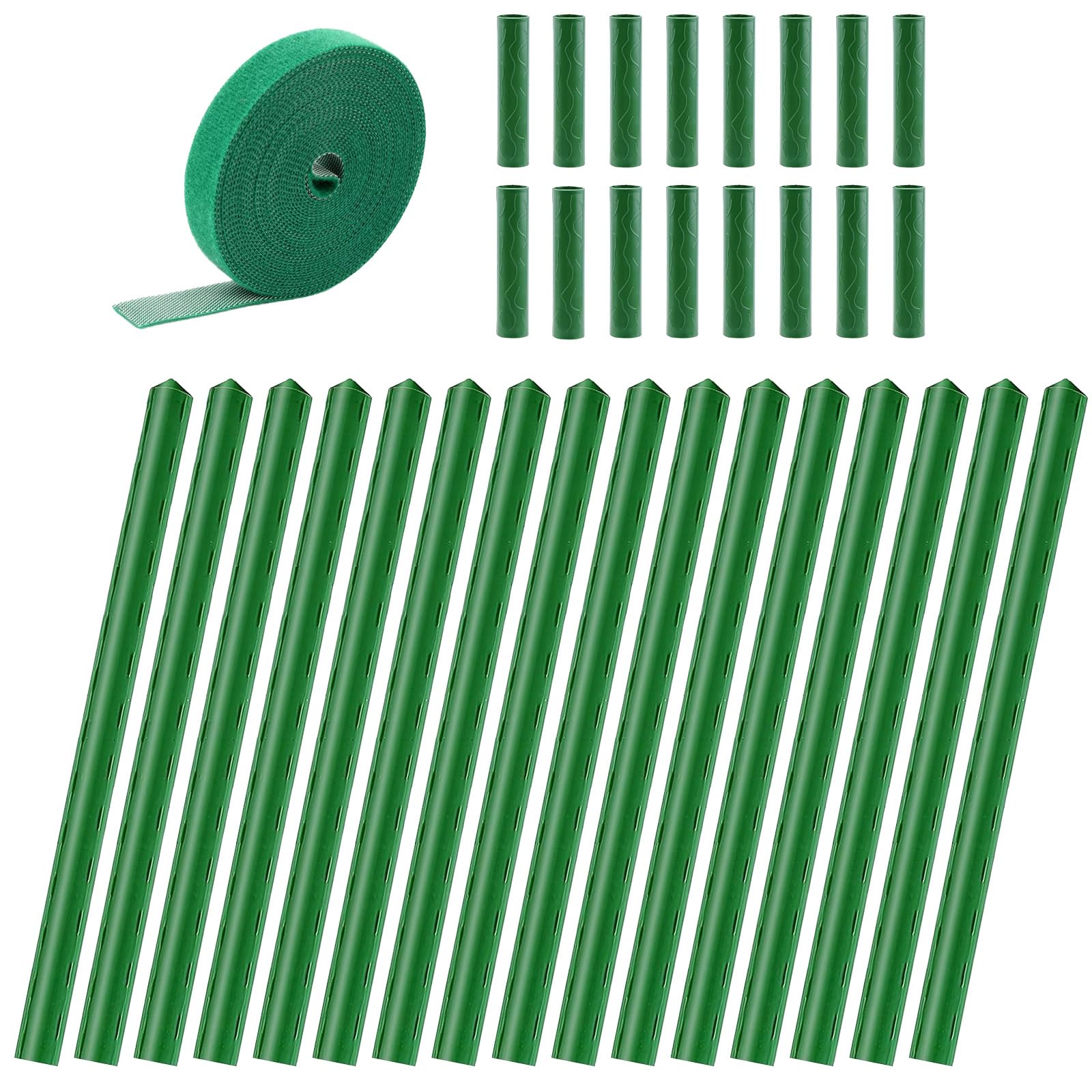 VEGCOO 32 Garden Plant Stakes, with 16 Connectors and 1 Plant Ties, 11mm*40cm Plant Support Sticks, Plastic Coated Steel Tube Garden Stakes for Vegetables, Plants, Shrubs Andflowers