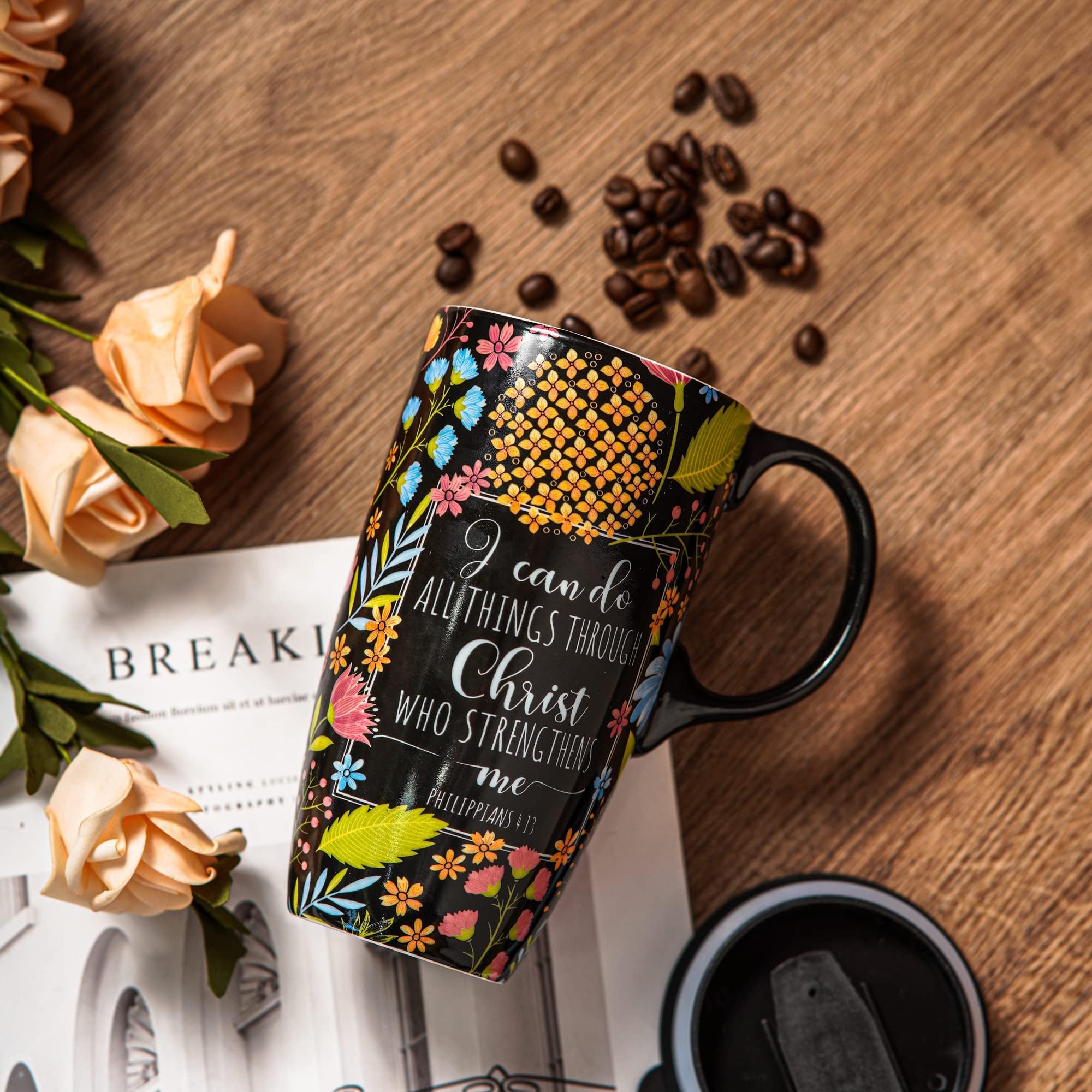 DUSVALLY Ceramic Mug Tall Coffee Cup with Lid, Handle and Gift Box Latte Mug 17oz,Flowers