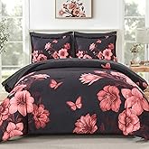 DHSFKBE Floral Comforter Set Queen Size, 7 Piece Black Bed in a Bag, Elegant Flower Pattern Comforter Set with Sheet, Soft Microfiber Complete Bedding Sets for All Season