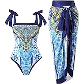 Cerdexon One Piece Bathing Suit for Women with Beach Cover up Wrap Skirt Swimsuit Sarong Retro Floral Print Bikini Set (US, Alpha, X-Large, Regular, Regular, White)