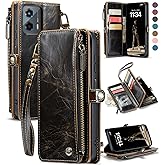 Defencase Compatible with Moto G 5G 2023 Case, RFID Blocking Wallet Case Compatible for Motorola Moto G 5G 2023 Fashion PU Leather Flip Wrist Strap Zipper Card Holder Phone Case for Women Men, Coffee