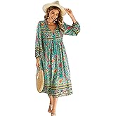 R.Vivimos Women's Long Sleeve Floral Print Retro V Neck Tassel Bohemian Midi Dresses