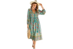 R.Vivimos Women's Long Sleeve Floral Print Retro V Neck Tassel Bohemian Midi Dresses