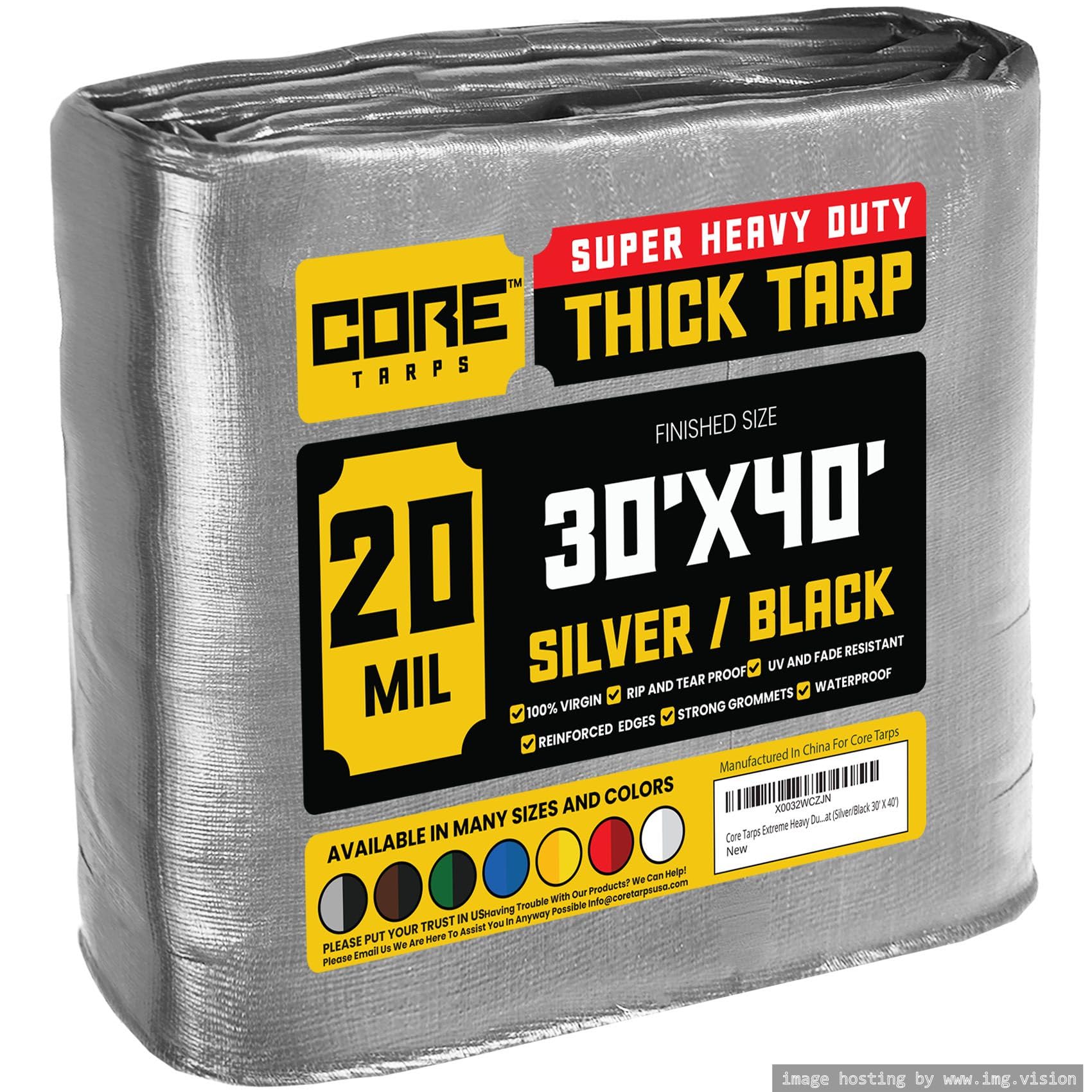 Core Tarps Extreme Heavy Duty 20 Mil Tarp Cover, Waterproof, UV Resistant, Rip and Tear Proof, Poly Tarpaulin with Reinforced Edges for Roof, Camping, Patio, Pool, Boat (Silver/Black 30′ X 40′) Image