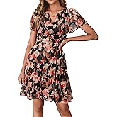 Simplee Women 2026 Floral Summer Short Dress Short Sleeves V Neck Chiffon A-Line Casual Flowy Boho Mini Dresses