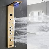 HSYLYPA LED 5-in-1 Shower Panel Tower System,Brushed Gold | 304 Stainless Steel Shower Panel Tower Column with Powerful Body Jets, Rainfall, Waterfall,Handheld and Tub Spout