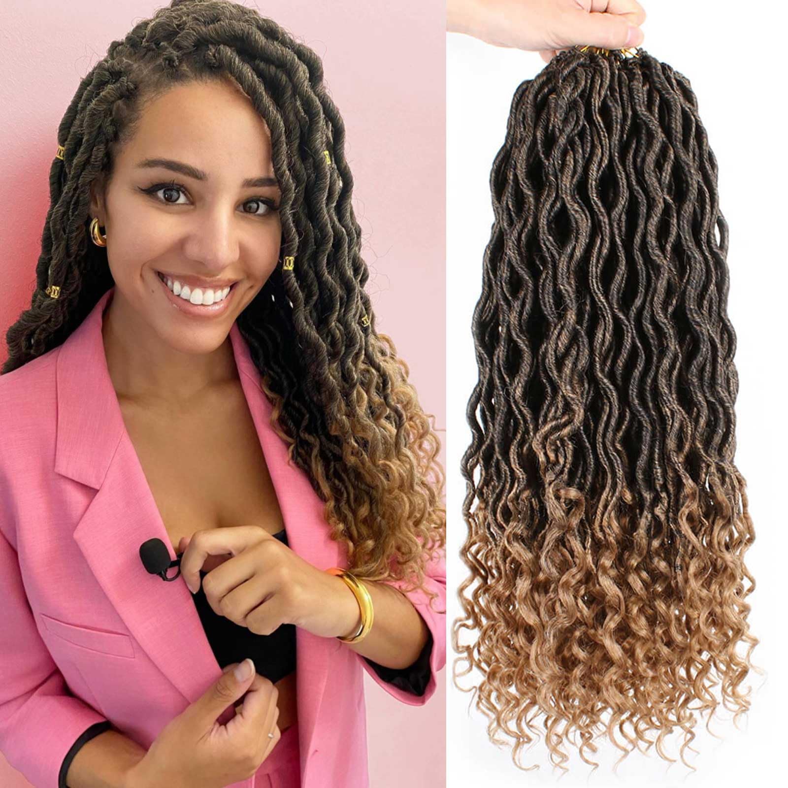 Xtrend 14 Inch 6 Packs Goddess Faux Locs Crochet Braids Curly Ends Wavy Synthetic Braiding Hair Extension for Black Women Dreadlock Braiding Hair 20 Strands/Pack Color T27#