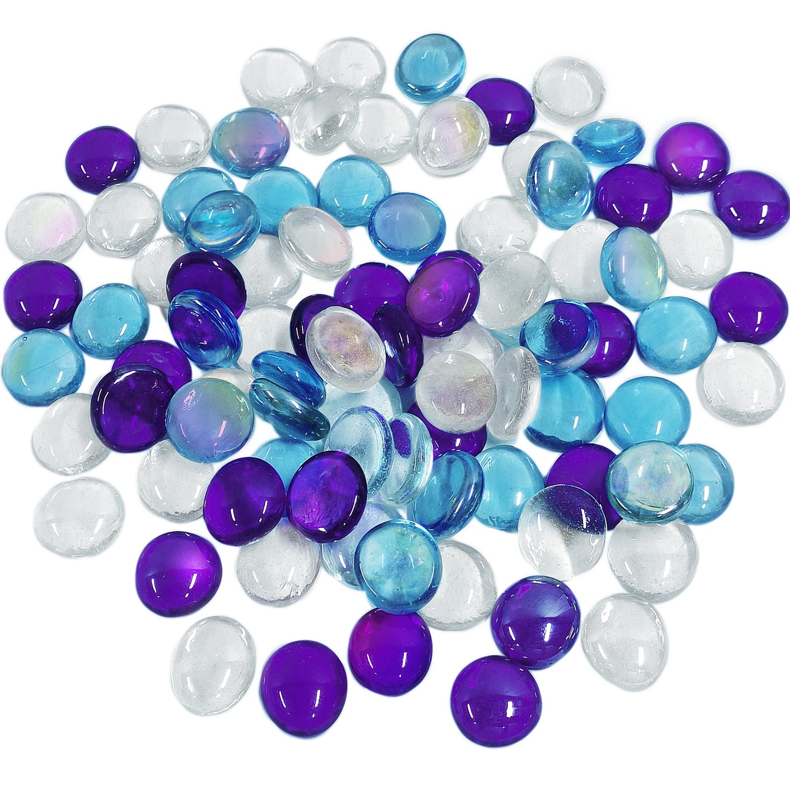 Glass Pebbles - 0.62KG Lridescent Flat Marble Stones Beads, Artificial Crystal Gemstones Fire Clear Decorative Glass Beads for Vase Filler, Aquarium, Mosaic Tiles, Landscaping, Flowerpot(120PCS)