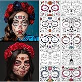 Day of the Dead Face Tattoos - 10 Sheets Halloween Temporary Tattoos Face Stickers Kit Día de Los Muertos Glitter Red Roses Skeleton Sugar Skull Fake Tattoo for Halloween Makeup on Face Body