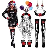 Kenning 6 Pcs Day of the Dead La Catrina Costume Accessories for Women | Dia de los Muertos Catrina Skeleton Outfit with Flower Crown Veil, Lace Mask, Bone Socks Gloves, Choker for Halloween Cosplay