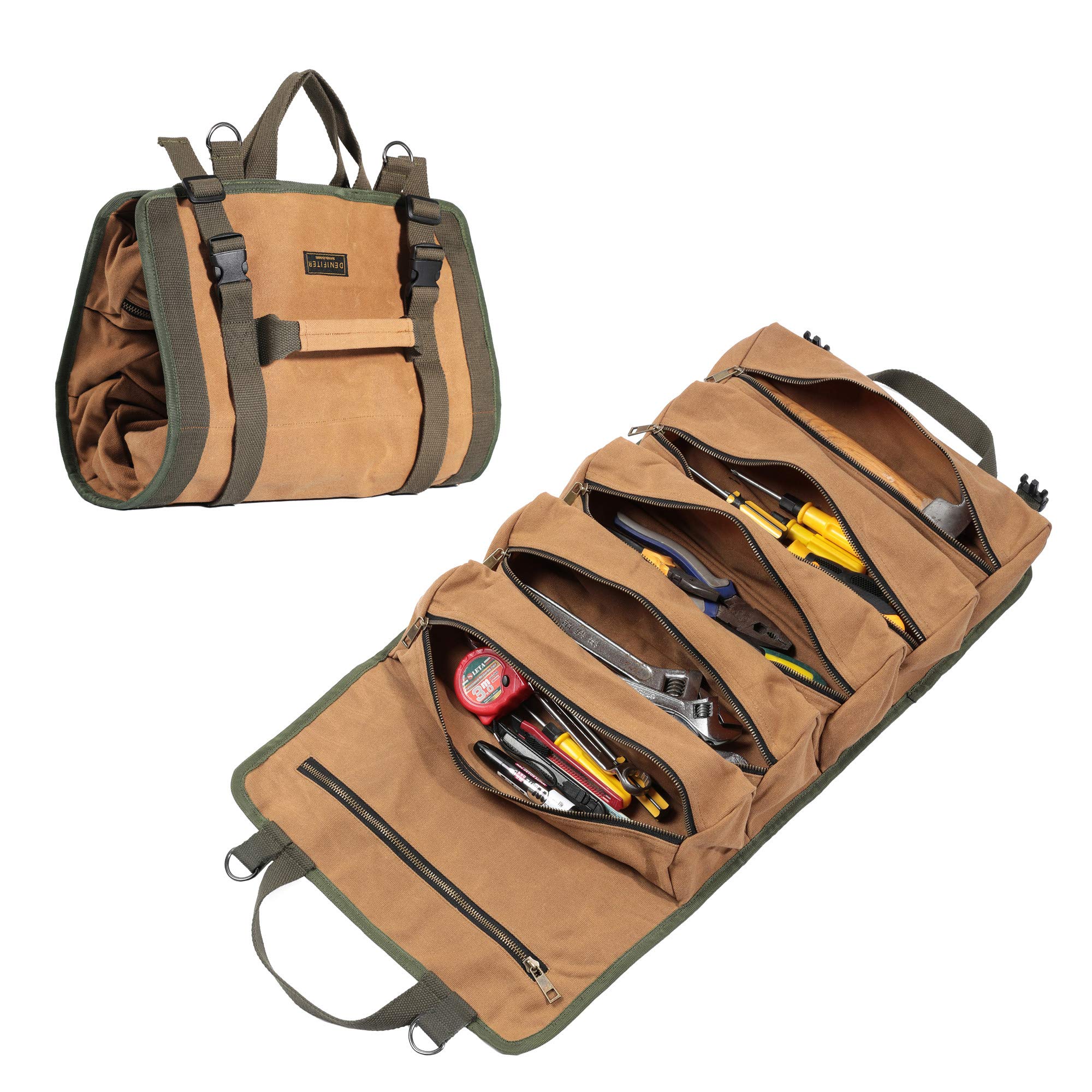 Wrench Tool Roll Bag, Heavy Duty Waxed Canvas Multi-Purpose Tool Organize Bag with 6 Zipper Pockets (Khaki) — image 1