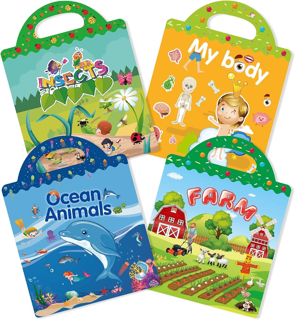 GUYUCOM 4 Pack Reusable Sticker Books Educational Toys for Kids