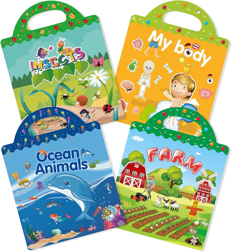 GUYUCOM 4 Pack Reusable Sticker Books Educational Toys for Kids