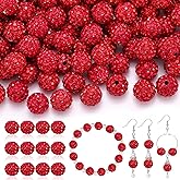 120pcs 10mm Rhinestone Beads for Jewelry Making, Red Shiny Round Shamballa Disco Ball Beads Bulk, Sparkle Crystal Clay Christmas for Bracelet Baseball Necklace Earring Crafting and DIY