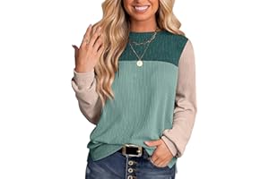 YZEGGO Womens Fashion Color Block Tops Crewneck Knitted Long Sleeve Shirts Casual Loose Fall Pullover with Side Slits