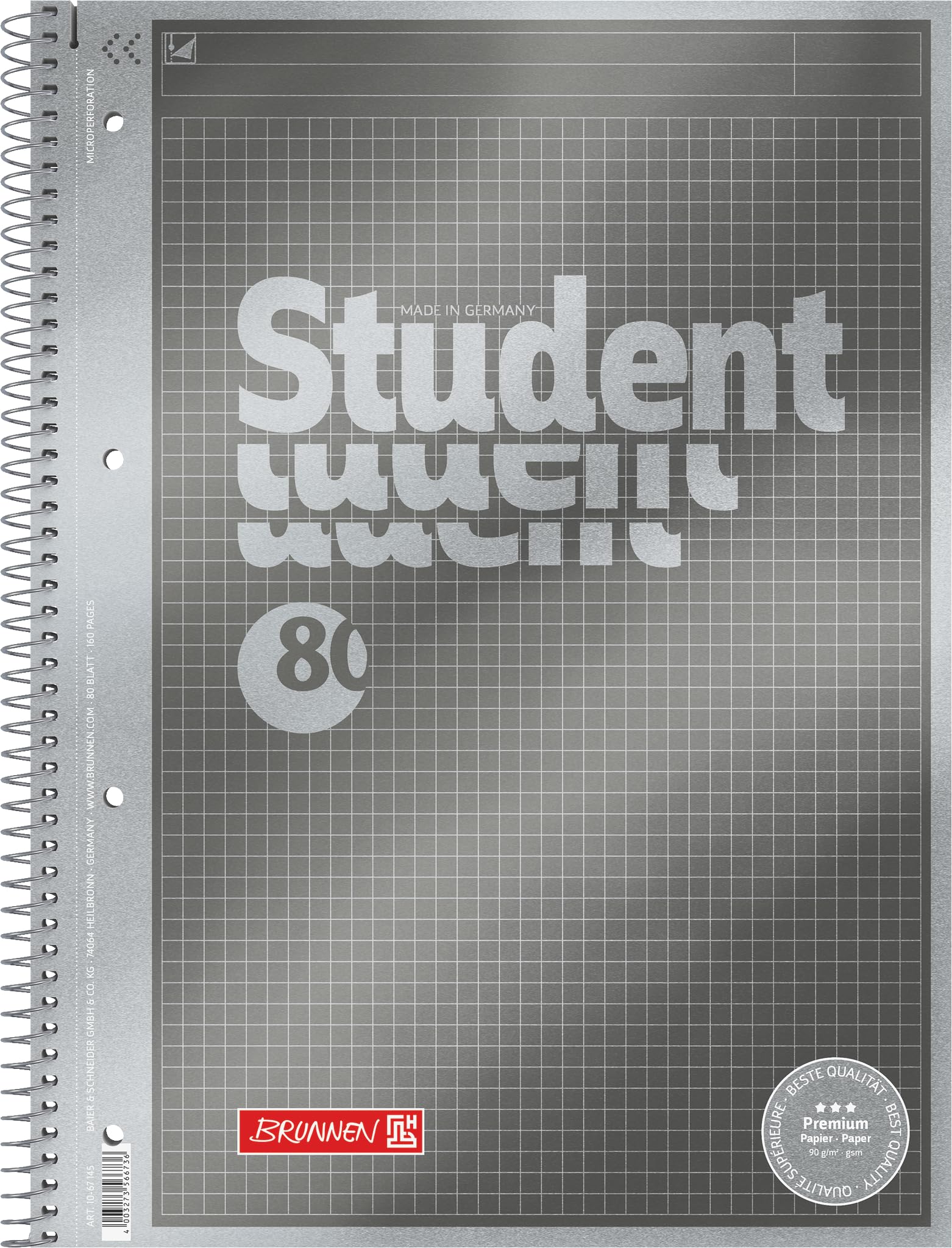 BRUNNEN College Notepad Premium Student "Protokoll" | A4, Squared, 80 Sheets, Anthracite
