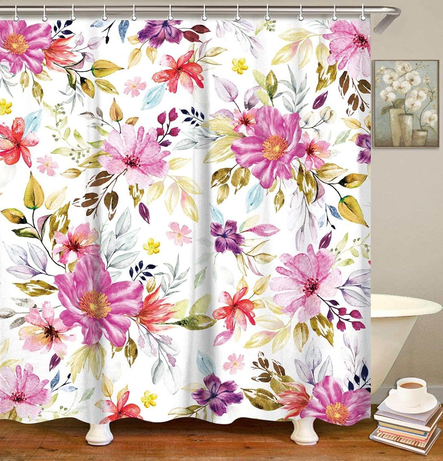 Set de cortinas de ducha de flores de color púrpura con 12 ganchos, cortina de baño decorativa