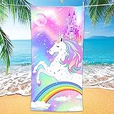 Bonsai Tree Unicorn Microfiber Beach Towel, Rainbow Kids Quick Dry Beach Blanket Oversized Clearance 30" x 60", Magic Castle Cute Sand Proof Bath Towels for Girls Travel