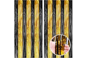 CANREVEL 2 Pack 3.3x8.2 Feet Black and Gold Foil Fringe Backdrop Curtains, Tinsel Streamers Birthday Party Decorations, Fringe Backdrop for Graduation, Baby Shower, Happy New Year, Disco Party