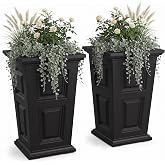Mayne Newhaven 24in Self-Watering Tall Square Planter, Black, 2-Pack | Self-watering, All season, Fade resistant, Reversible planting shelf, 15-year warranty