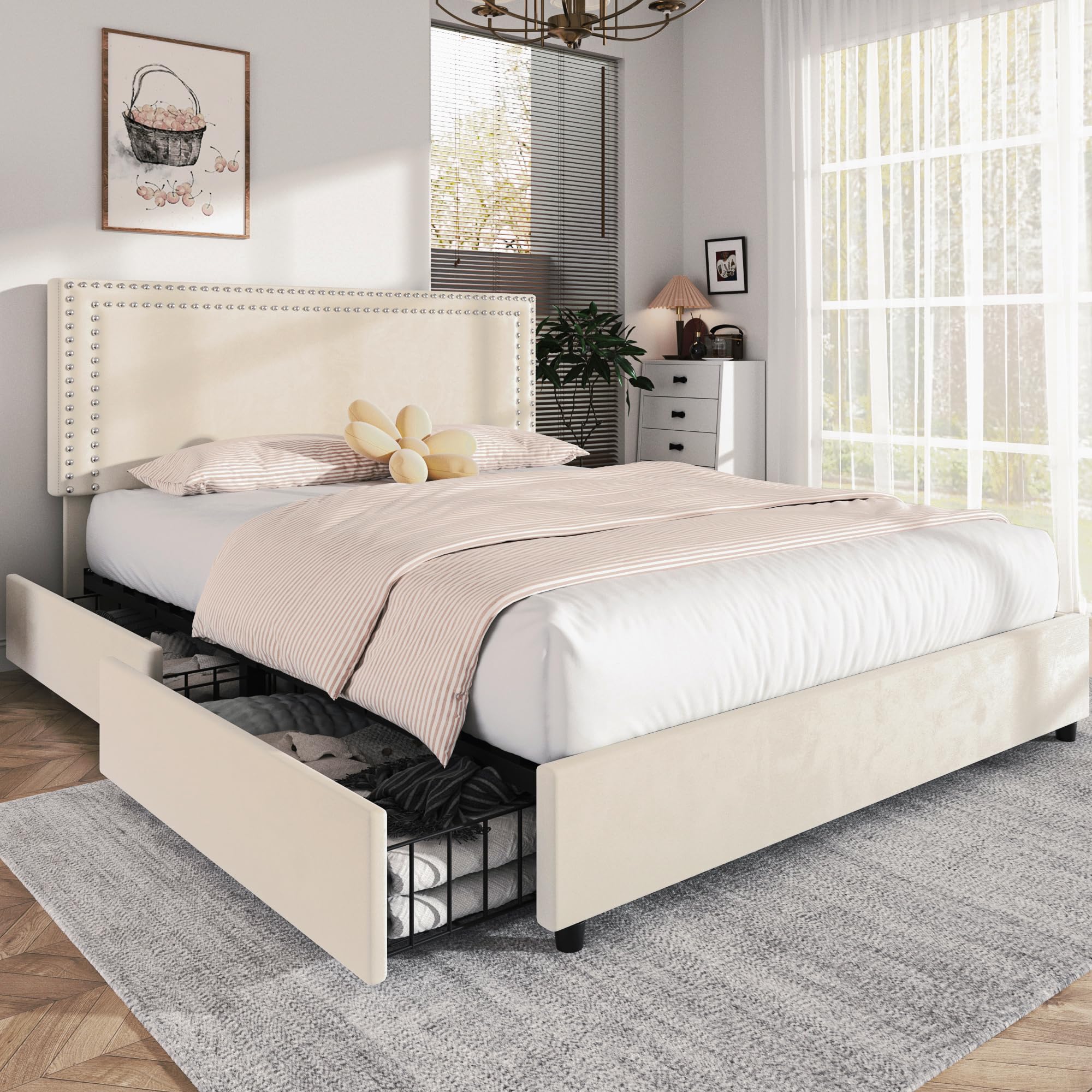 Photo 1 of VECELO Queen Size Upholstered Bed Frame with 4 Storage Drawers, Adjustable Velvet Rivet Decor Headboard, Wooden Slats Platform Support, No Box Spring Needed, Easy Assembly