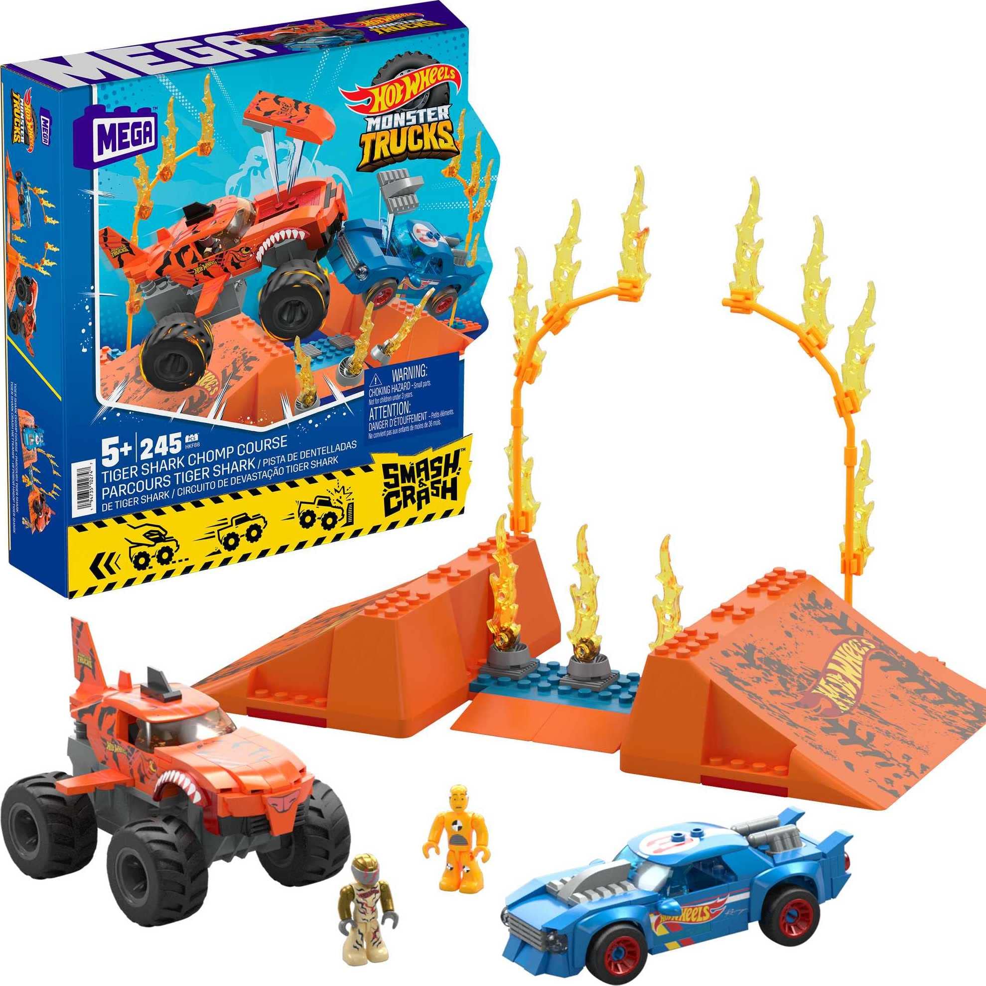 MEGA Hot Wheels Monster Trucks Building Toy Car, Smash & Crash Tiger Shark Chomp Course with 245 Pieces, 2 Figures and 1 Ramp, Kids Age 5+ Years, HKF88