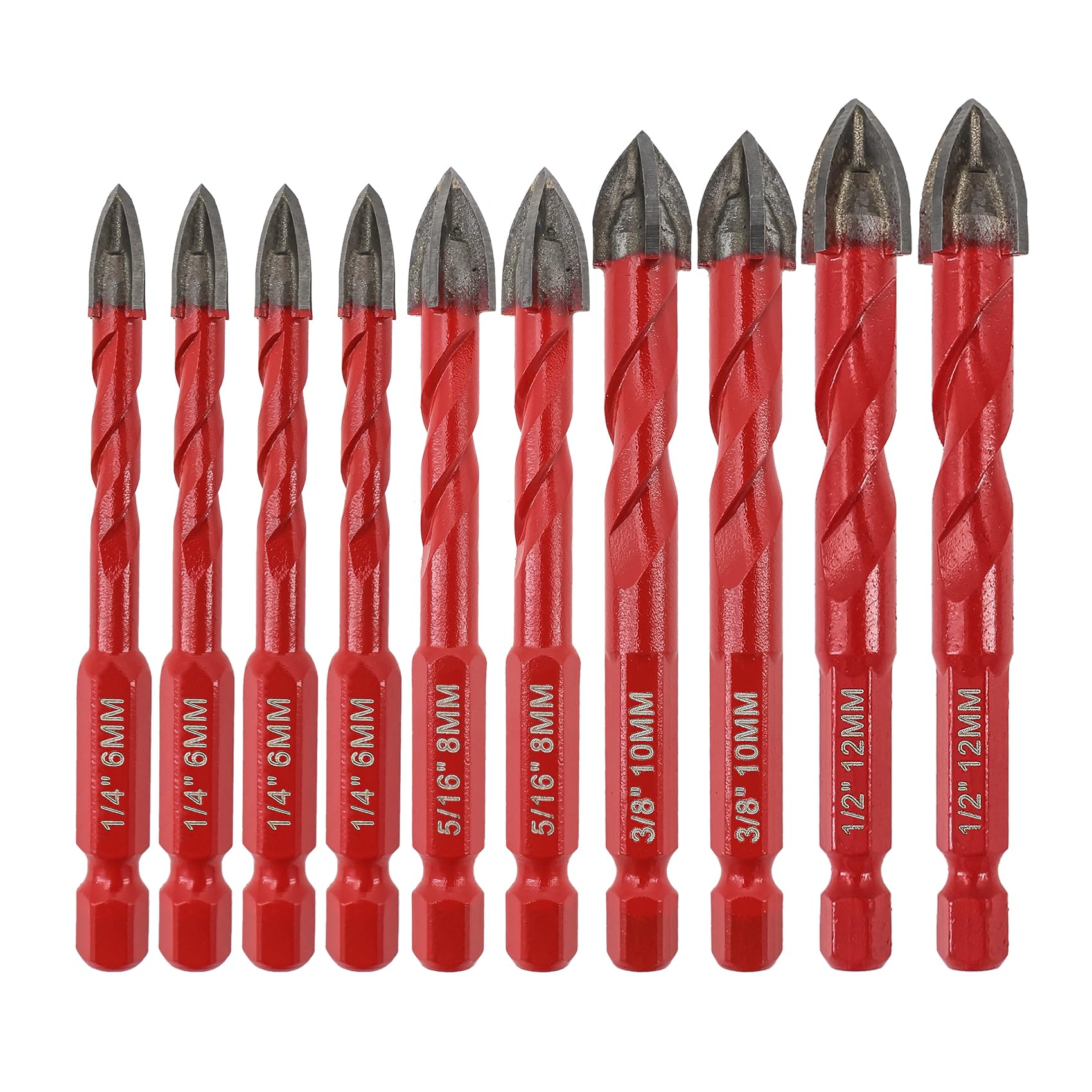FOCSTOL Masonry Drill Bits Set - 10pcs Carbide Drill Bits Set with Quick Change Hex Shank for Wood Plastic Foam Tiles Softer Materials (6mm*4+8mm*2+10mm*2+12mm*2)