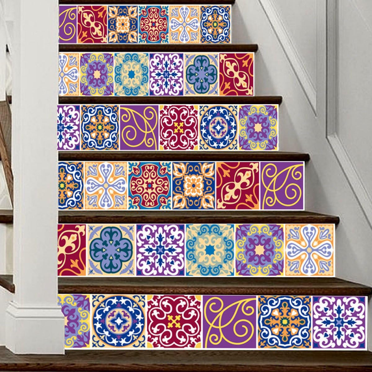 QTZS 3D Staircase Sticker Arabic Style Colorful Tiles Creative Home Stairs Decoration 6pcs