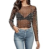 WILLSIN Women Pearl Rhinestone Sheer Mesh Crop Top Sexy See Through Long Sleeve Slim Fit Cropped Blouse Shirt Glitter Tops