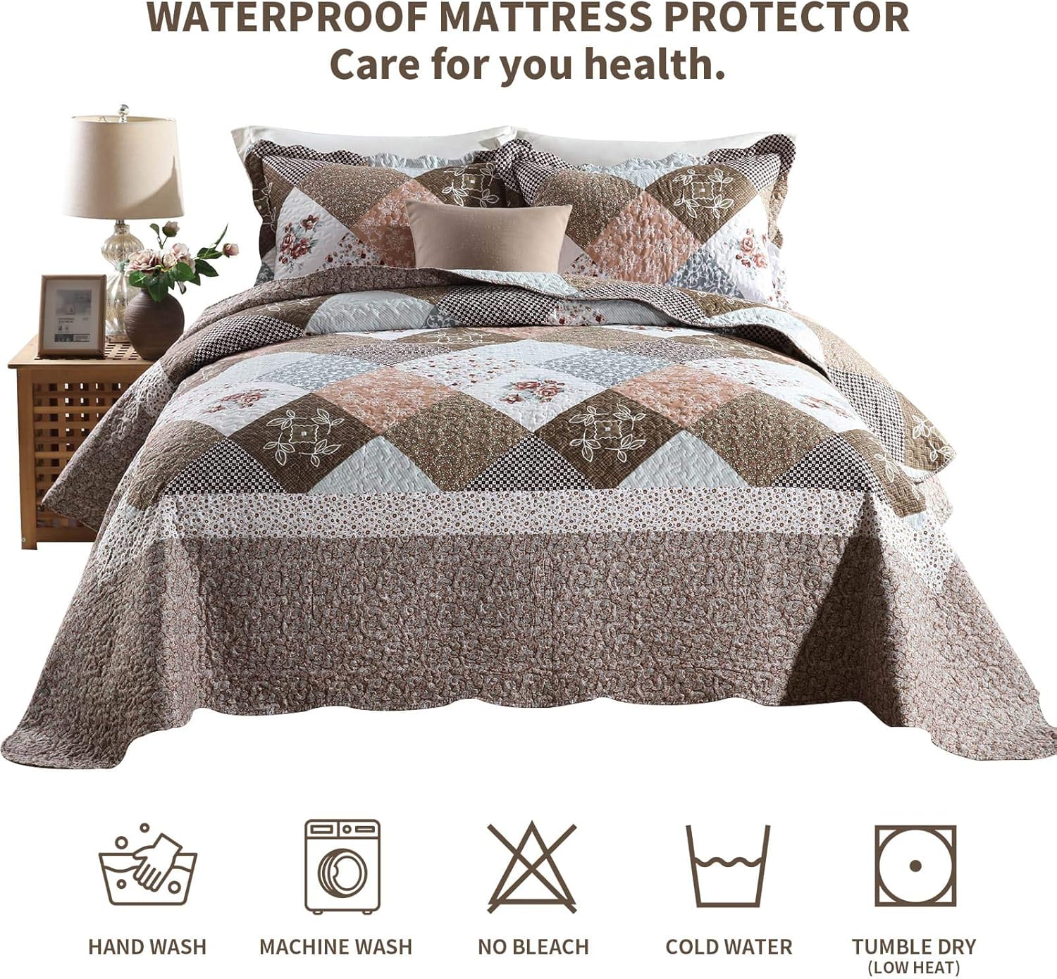 Y-PLWOMEN Patchwork Plaid Farmhouse Quilt Sets - Reversible Soft Modern Chic Floral Lightweight Bedspreads/Coverlet Bedding King Size 3 Piece: Kitchen & Dining