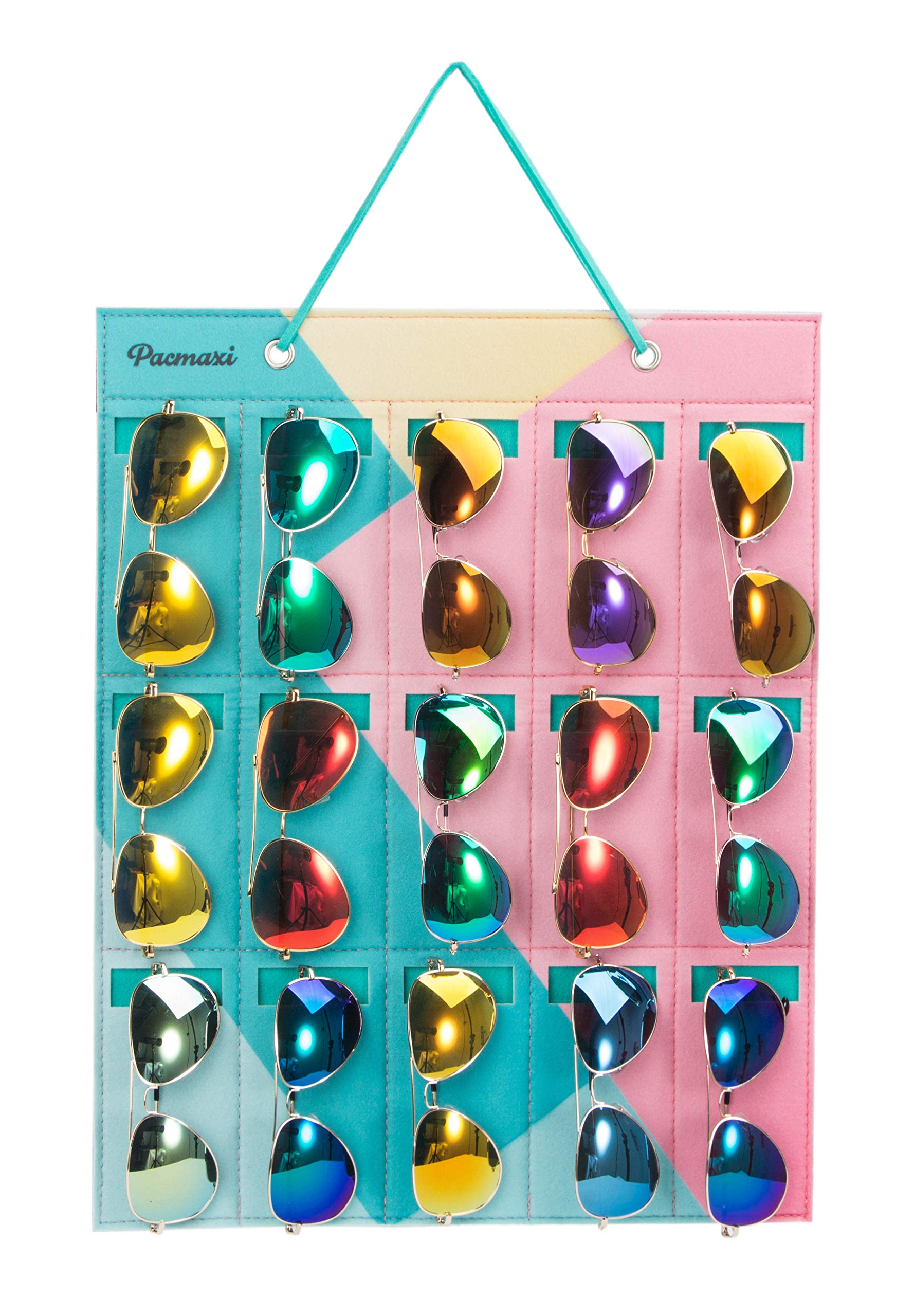 PACMAXI Sunglasses Storage Organizer, Wall Pocket Mounted by Sunglasses, Hanging Eyeglasses Storage Holder, Eyewear Display. (pink+lake blue, 15 Slot)