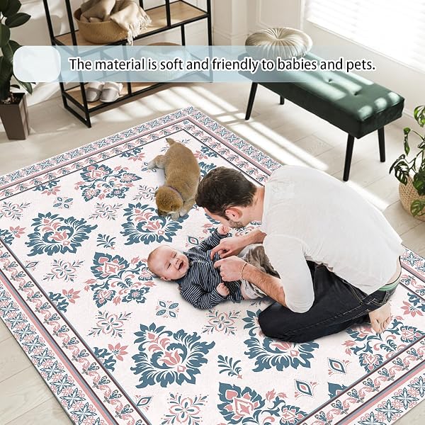 LIVCOZ WASHABLE AREA RUG 5X7 FT, VINTAGE BOHO ELEGANT SOFT NON SLIP LARGE RUGS INDOOR HOME DECOR, LOW-PROFILE FARMHOUSE ENTRYWAY FLOOR CARPET LIVING ROOM BEDROOM KITCHEN DINING ROOM DECORATION