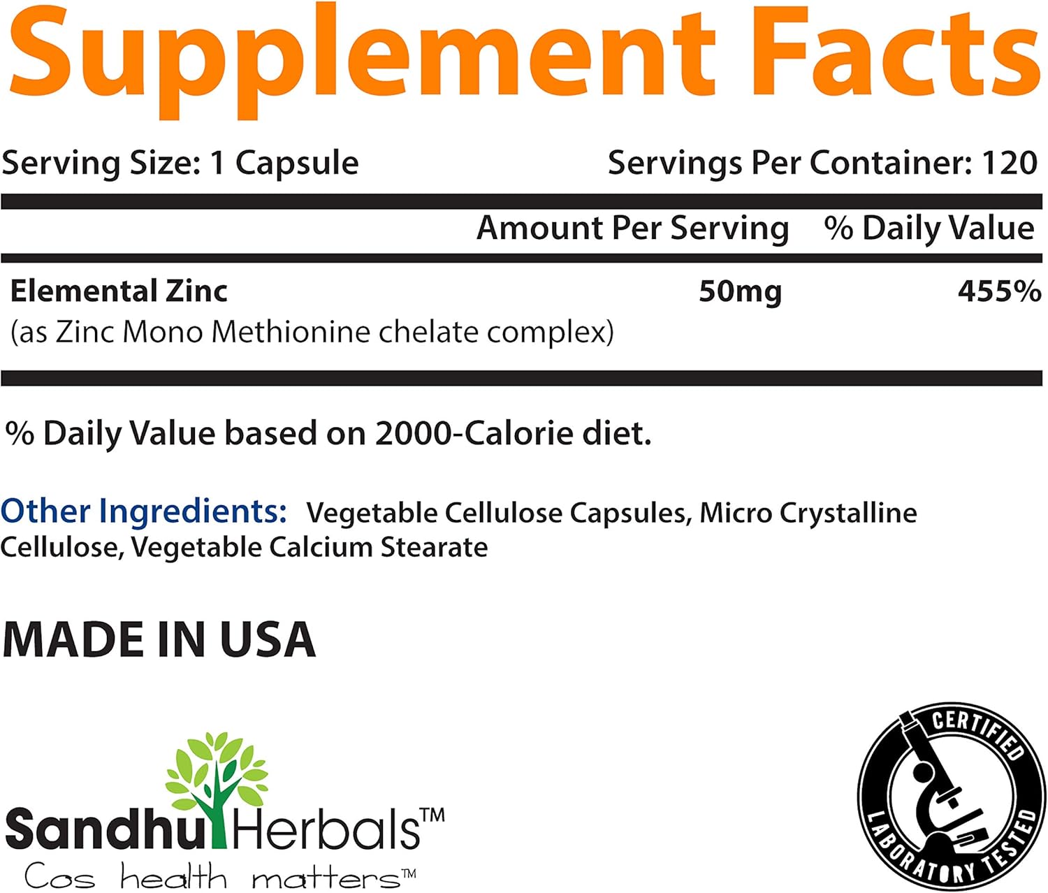 Zinc 50mg Supplement 120 Vegetarian Capsules, Zinc Highly Absorbable Supplements for Immune Support System, Gluten Free Zinc Supplement: Health & Personal Care