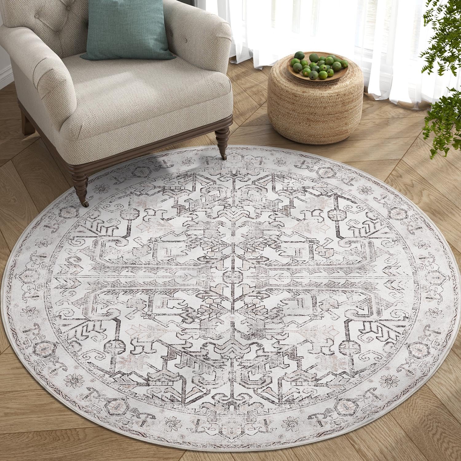 Photo 1 of jinchan Round Rug 4ft Vintage Machine Washable Area Rug Kitchen Indoor Circle 4' Ultra-Thin Non-Slip Floral Print Carpet for Farmhouse Entryway Dining Room Living Room Bedroom Office (4'Round,Beige)