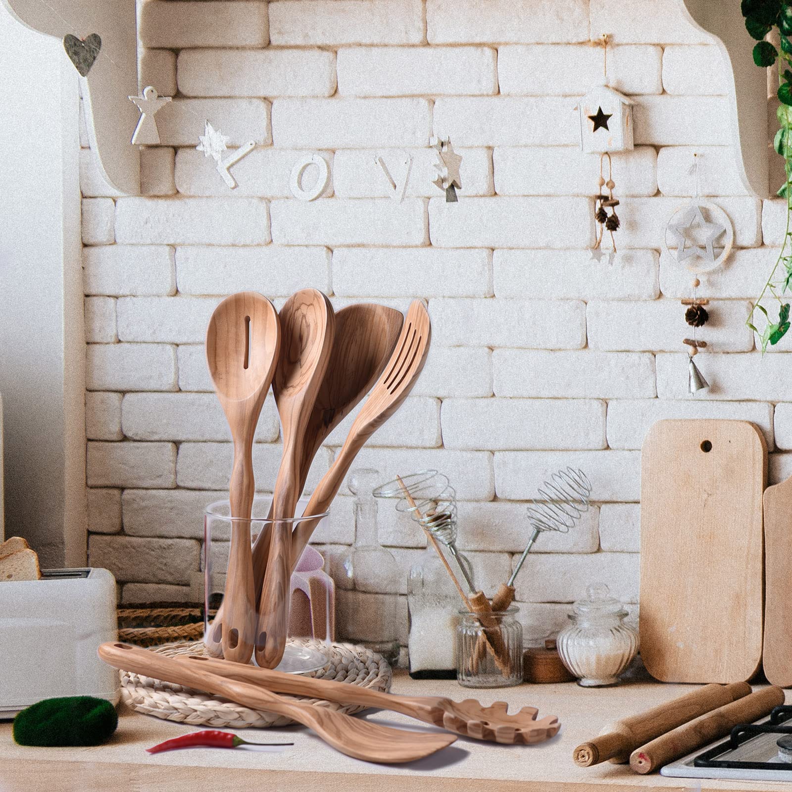 Gudamaye 12 inch Olive Wooden Utensils for Cooking, Long Handle Wooden Spoons for Cooking, 6 PCES Crafting Wooden Spoon Set, Wooden Kitchen Utensil set, Natural Olive Wood utensil Set