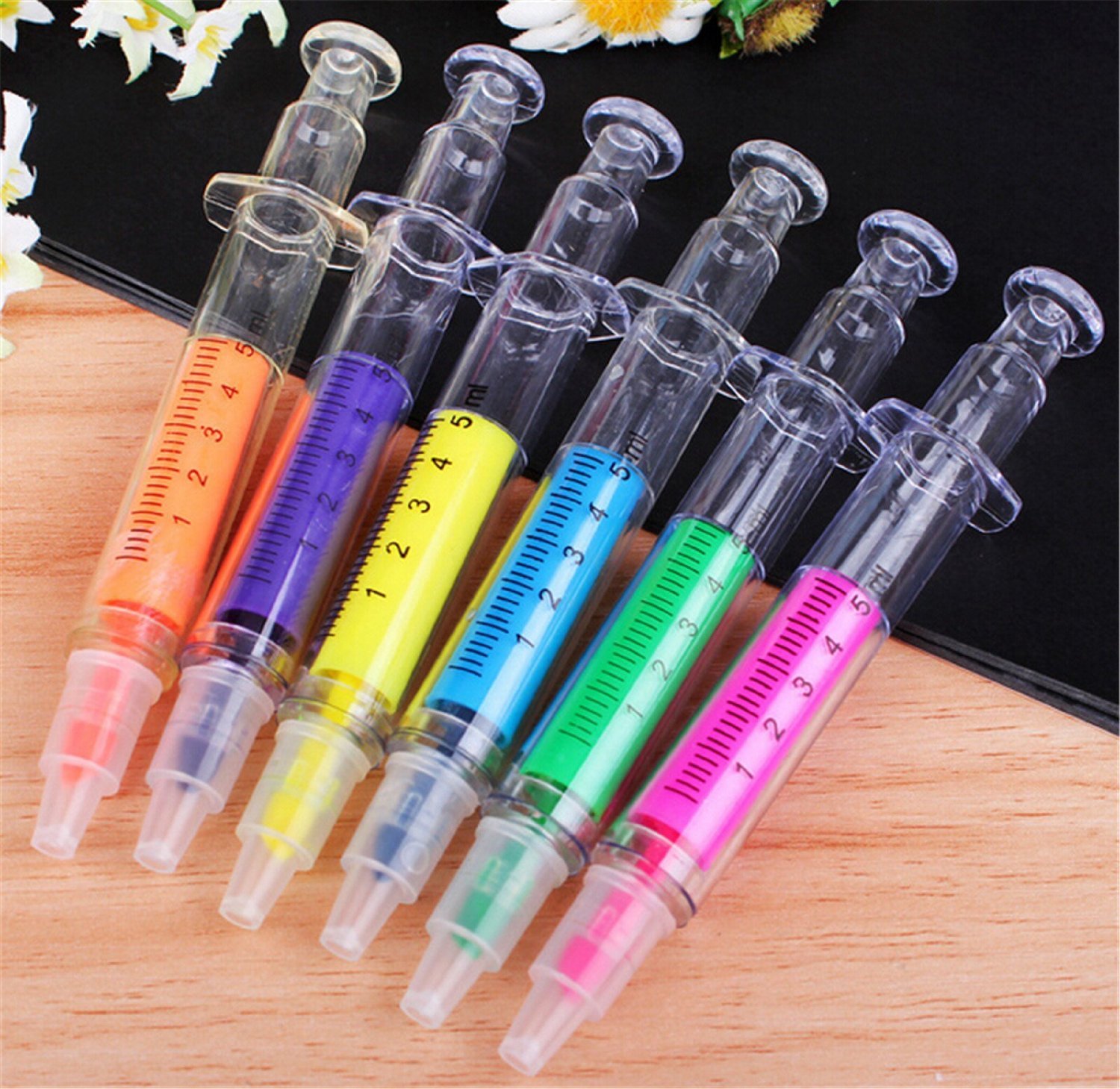 Pack of 6 novelty Syringe Highlighter Pens, needles syringes doctors