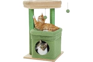 PEQULTI Cat Tree Cactus Cat Tower for Indoor Cats with Private Cozy Cat Condo, Natural Sisal Scratching Posts and Plush Pom-pom for Small Cats Green