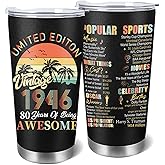 AFRITEE 80th Birthday Gift for Him, Vintage Tumbler Creative 80th Birthday Gifts for Men, 1946 Birthday Gift Funny 20 oz Coffee Cups with Brush Straw and Straw for Dad Grandfather and Friends