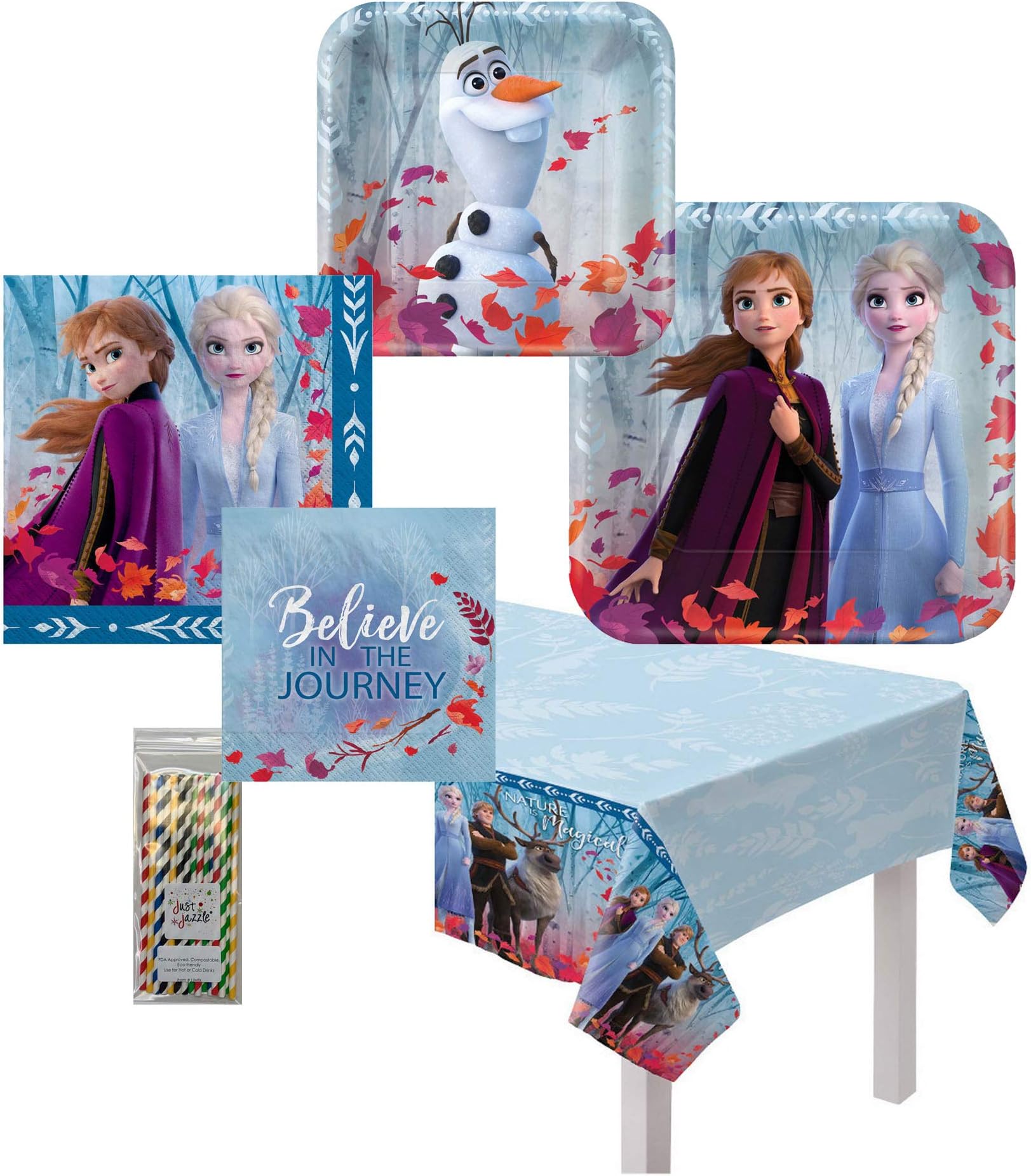Amscan Disney Frozen 2 Birthday Party Tableware Kit Napkins, Plates, Tablecover Bundle, 16 Guests