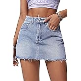 ELLEVEN Denim Skirt Women Mini Low Waist Stretchy Raw Hem Jean Skirt with Pockets